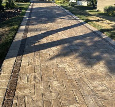 A stone-paved driveway lined with green bushes, creating a sunlit, serene walkway leading to a home. Shadow patterns add depth.
