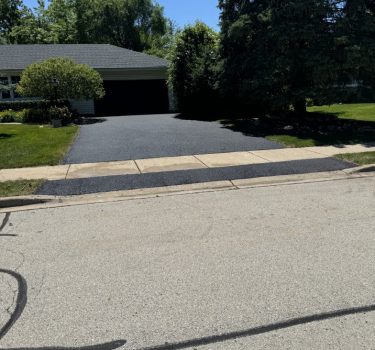 A well-maintained home with a dark driveway, surrounded by lush green trees and shrubs, under a clear blue sky.