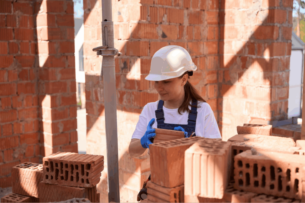 A female construction worker lays bricks at a project site.