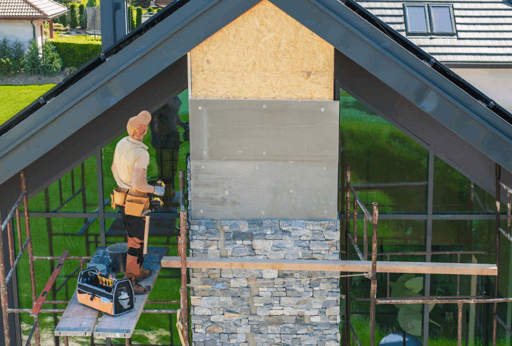 A worker is high up working on installing a stone wall on a house.
